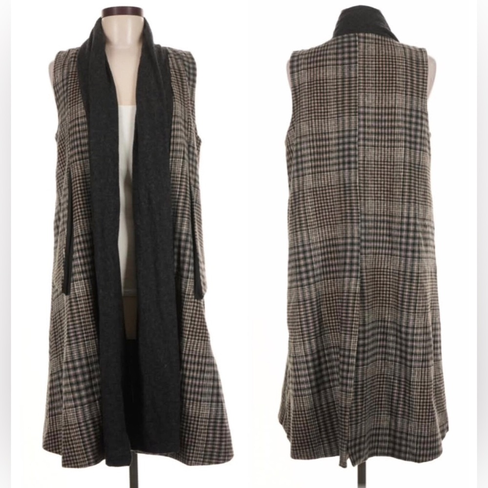 Gabby Isabella Wool Plaid Longline Open Front Vest Coat Charcoal Shawl Trim XS